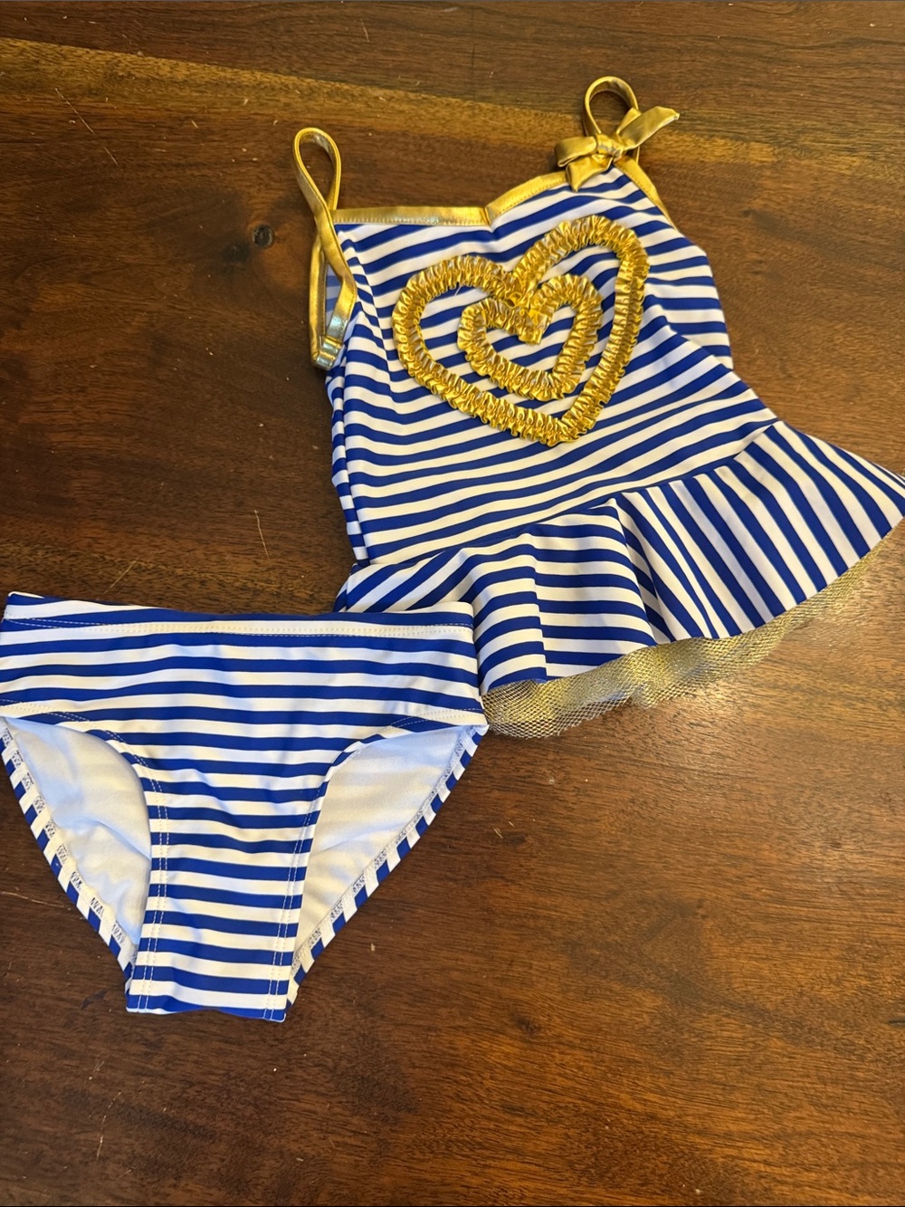Flapdoodles Girls' Nautical Blue & Gold Heart Tankini Set